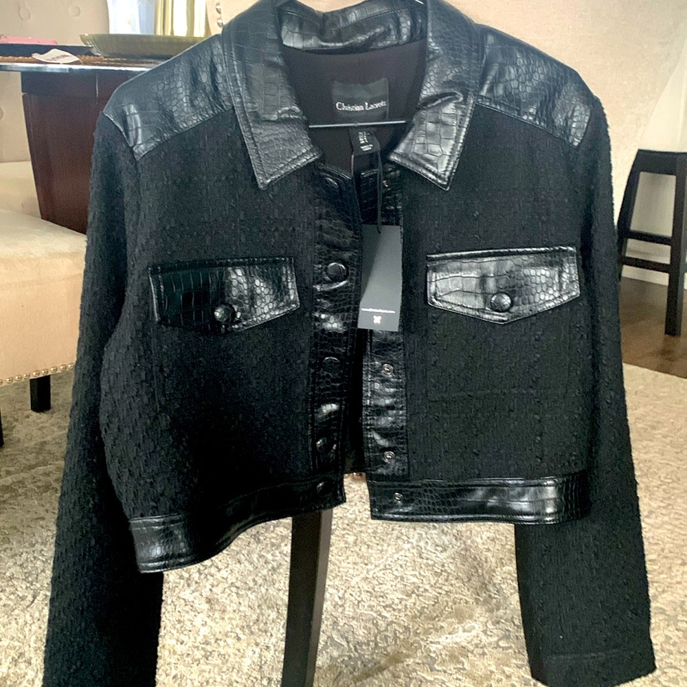 Christian Lacroix Button Front Crocodile trim Cropped Boucle jacket size large
